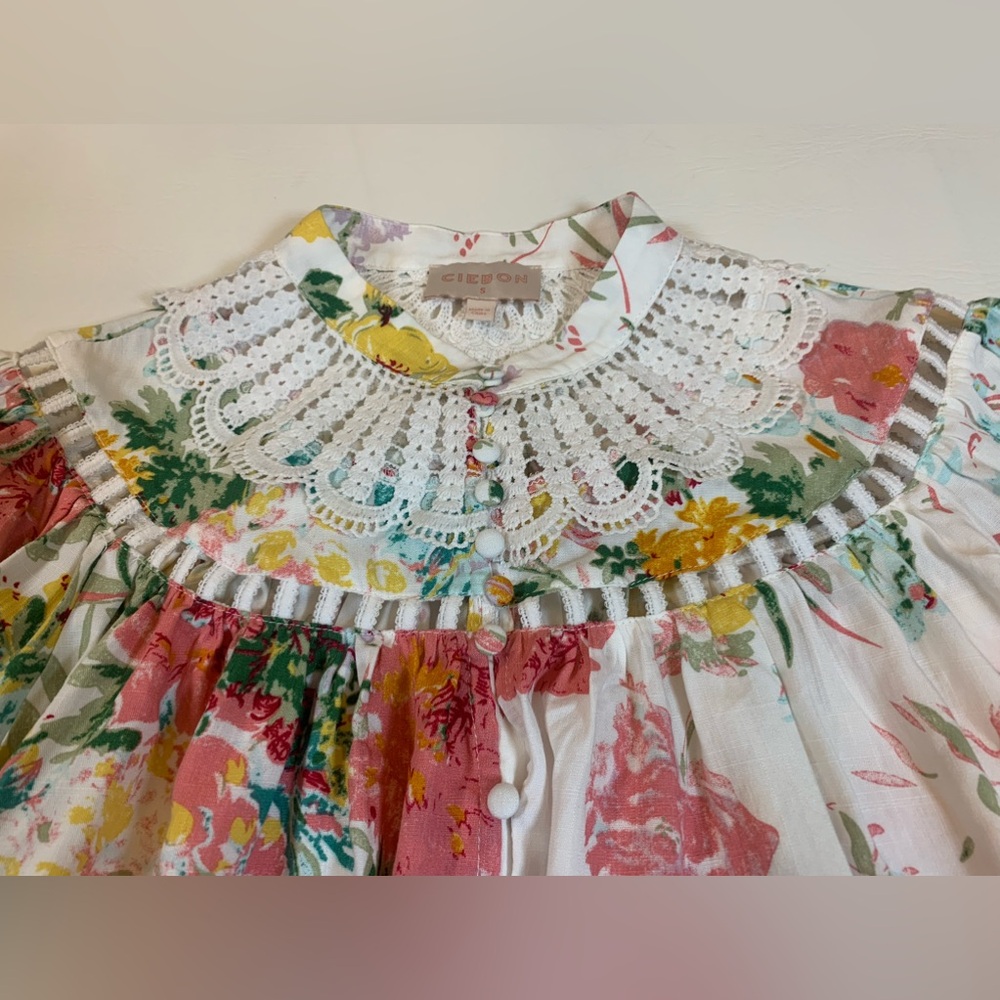 Ciebon Patchwork Dreams Blouse size small puffed long sleeves oversized (S) - Picture 14 of 16